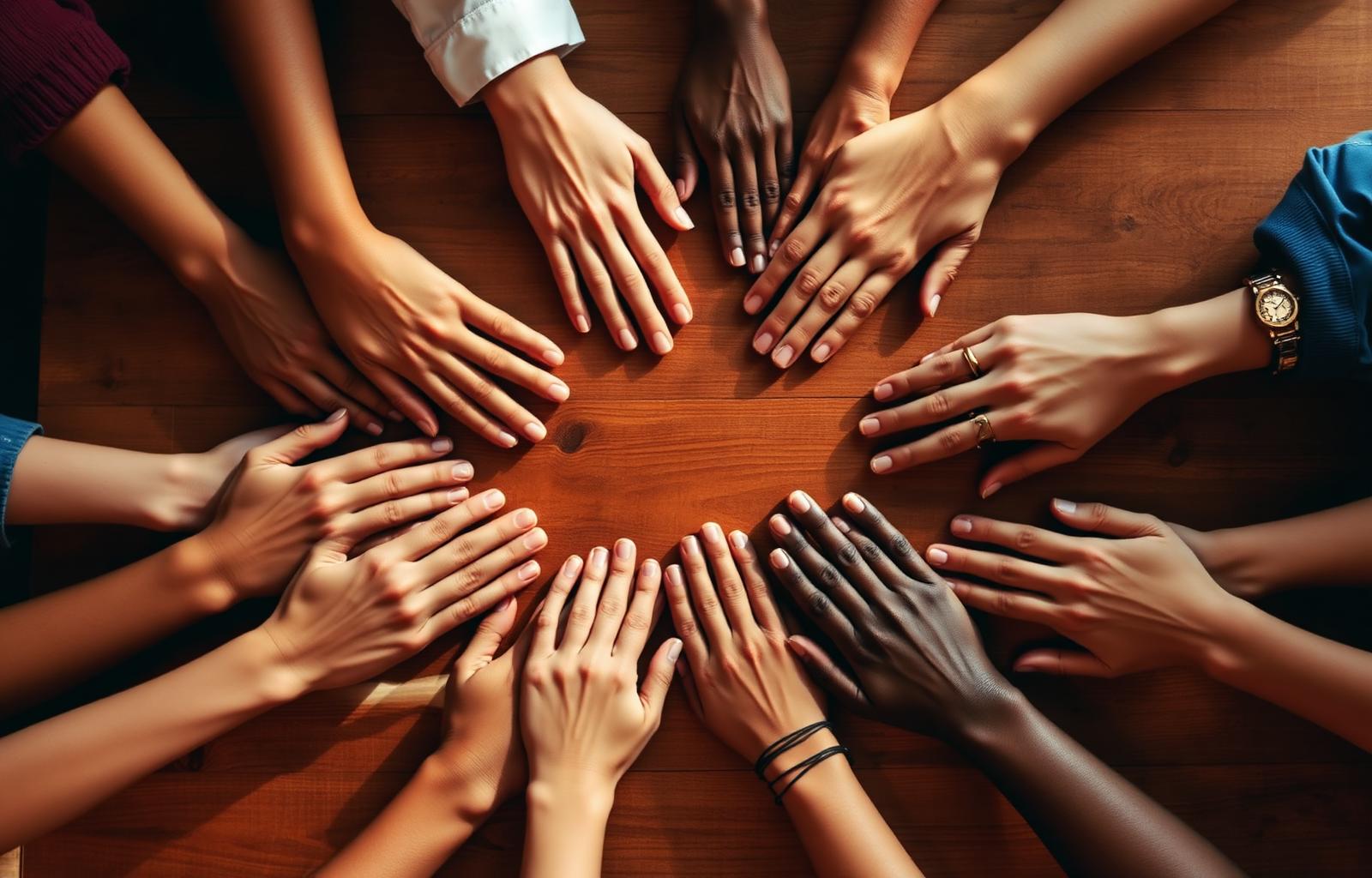 Circle of diverse hands of all skin tones joined together — Love, Truth & Freedom Foundation unity